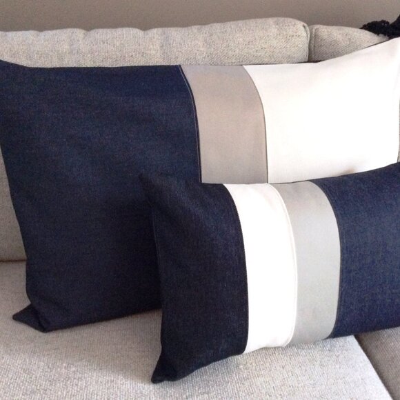 2 NEW Custom Color Block Pillows Navy, Cream Nautical Stripe, Coastal Home Decor - Picture 2 of 5